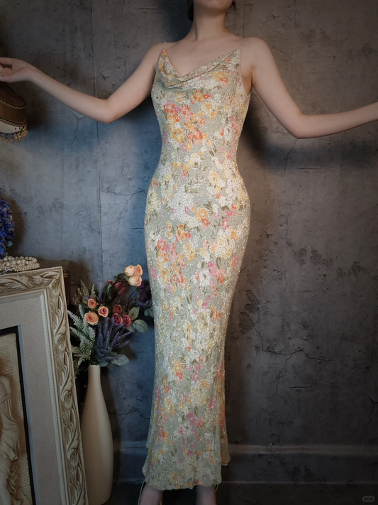 Vintage Floral Spaghetti Strap Sparkling Beaded Design Romantic Chiffon Evening Dress Prom Dress DP6052