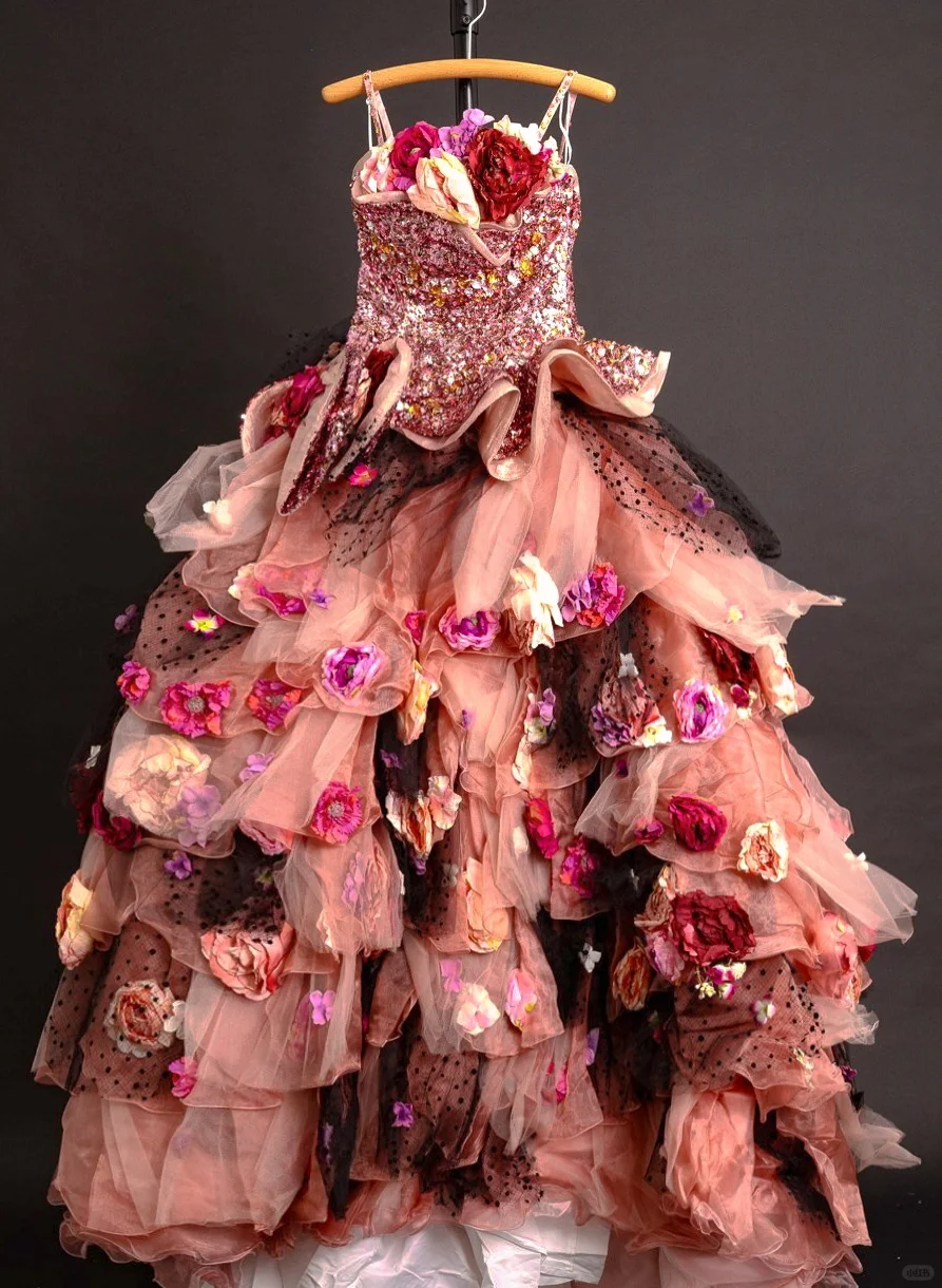 Glamorous Sequin 3D Floral Ruffled Tulle Strapless Prom Dress DP7555