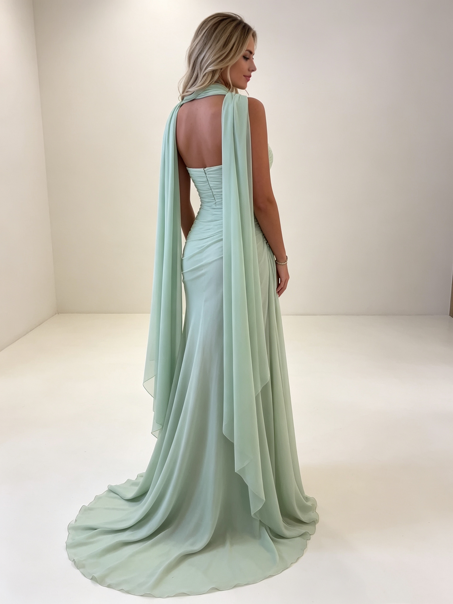 Elegant Sage Green Chiffon Mermaid Strapless Draped Cape Beaded Wedding Guest Bridesmaid Prom Dress DP8651