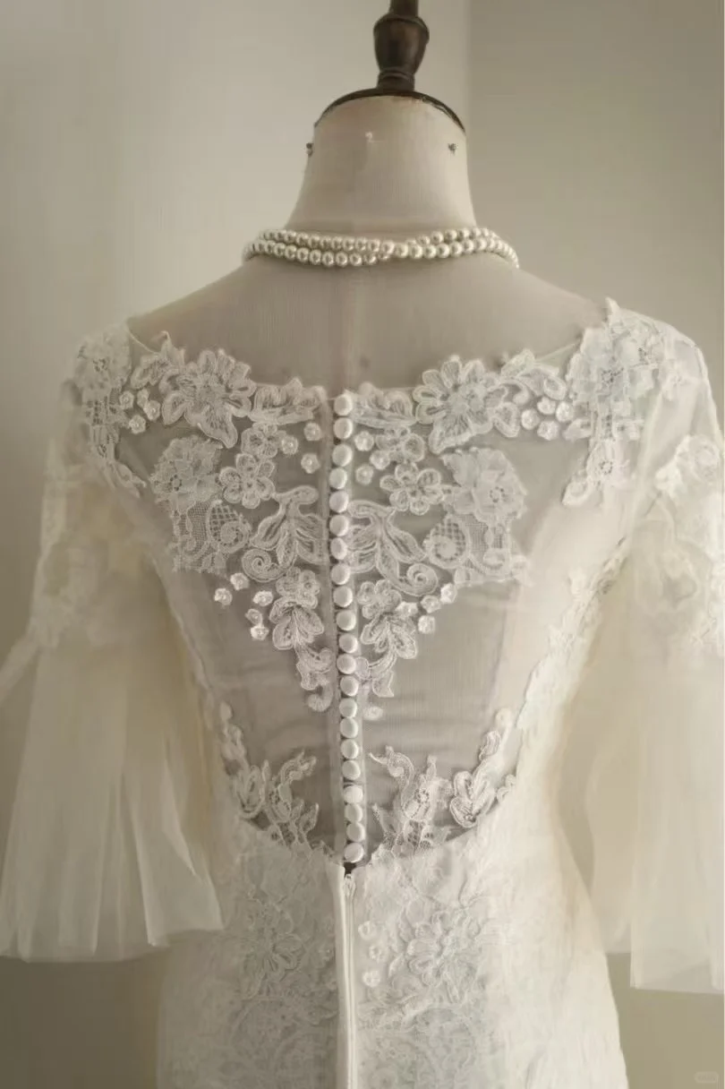 Vintage Cream Lace Mermaid Bell Sleeves with Illusion Neckline & Train Wedding Dress DP7647