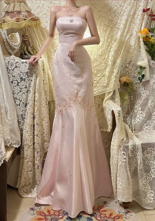 Vintage Rosa Satin Stickerei Trägerloses Meerjungfrau Langes Ballkleid Abendkleid, DP6531