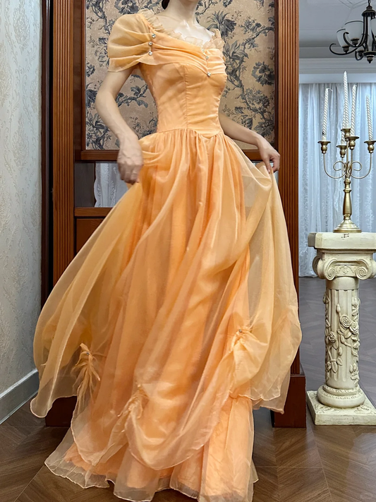 Robe de princesse en tulle pêche de rêve, manches bouffantes, robe de bal pour Sweet 16 ou Quinceañera DP7946