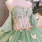 Robe de bal de quinceañera vert menthe glamour, ornée d'appliques papillon 3D en perles et d'un corset à épaules dénudées DP7139