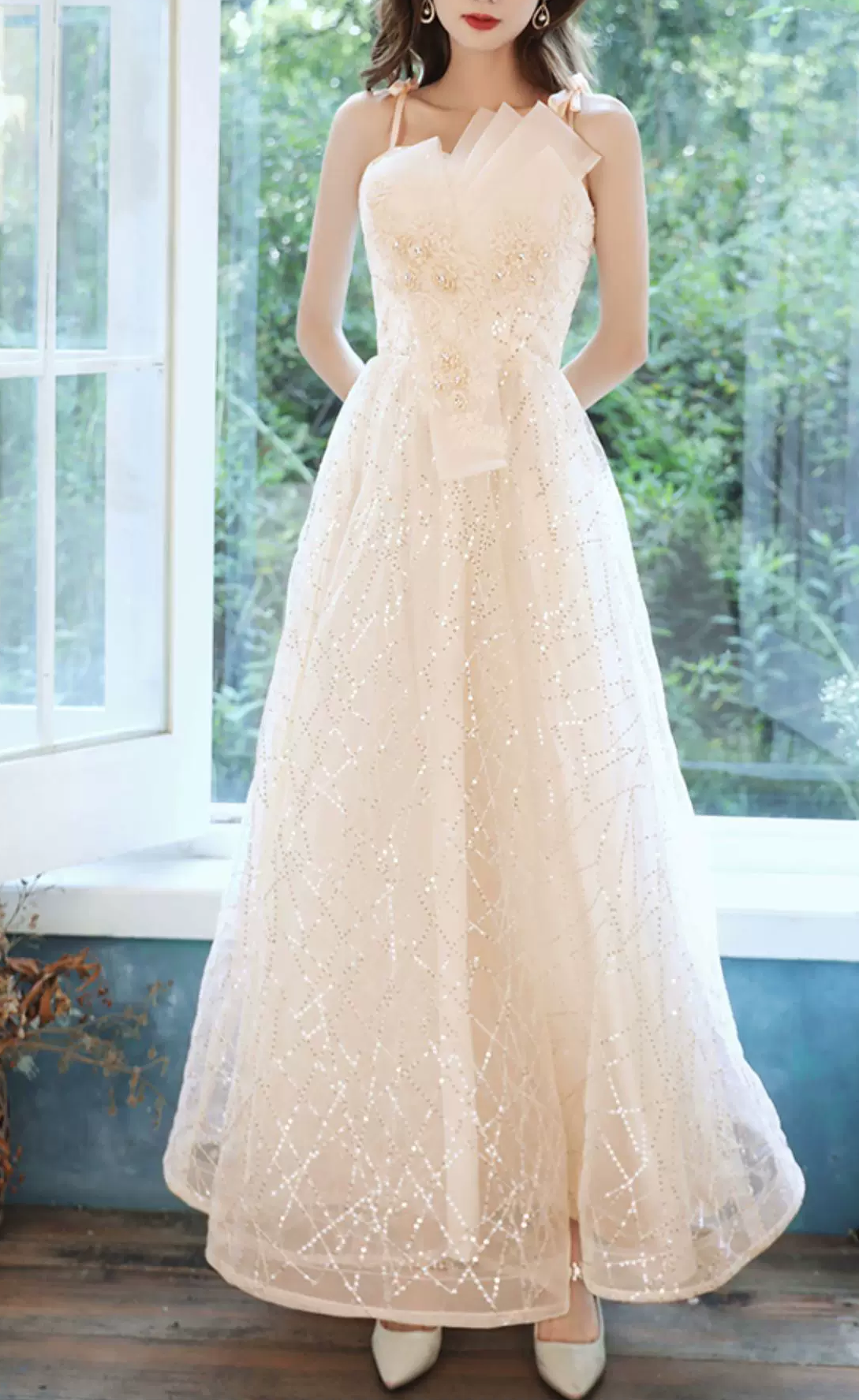 Elegant Champagne Spaghetti Straps Sequin Tulle A‑Line Evening Gown DP8824