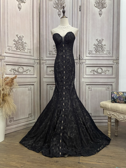 Vintage Black Strapless Mermaid Lace Evening Gown Sheer Floral Embroidery Formal Prom Dress DP7593