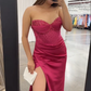 Robe de soirée longue fourreau en satin rose à col en cœur et perles, DP4535