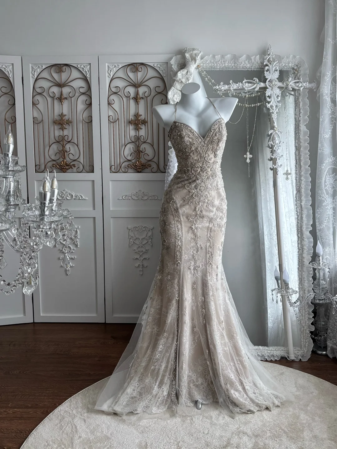 champagne beaded wedding dress Stunning Champagne Beaded romantic bohemian wedding dresses with Strapless Neckline, Long Sleeves, A-Line Pleated Sweep Train, and Tulle Skirt -