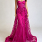 Elegant Fuchsia Strapless Sweetheart Mermaid Sparkly Sequin Lace Tulle Train Evening Gown DP8647