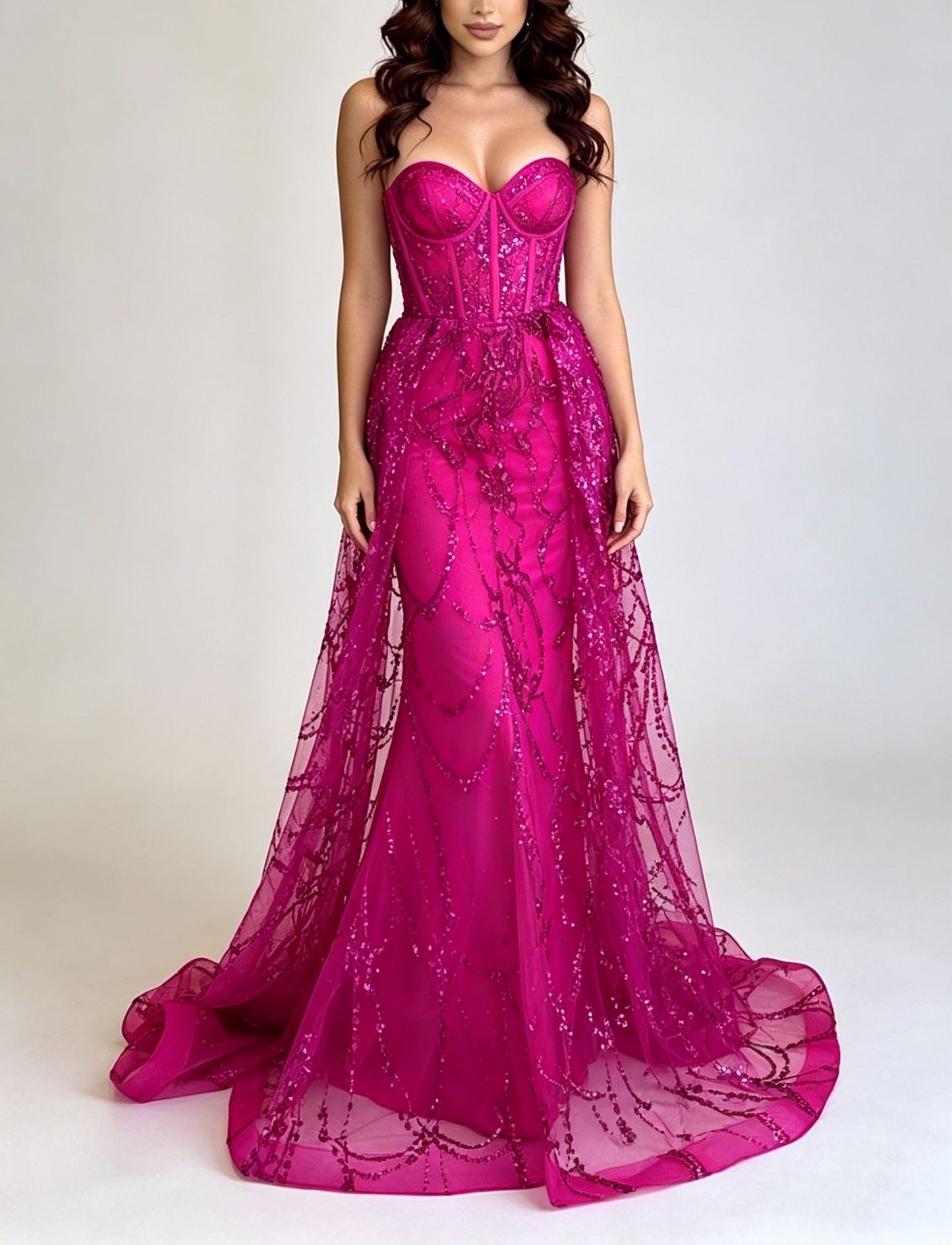 Elegant Fuchsia Strapless Sweetheart Mermaid Sparkly Sequin Lace Tulle Train Evening Gown DP8647