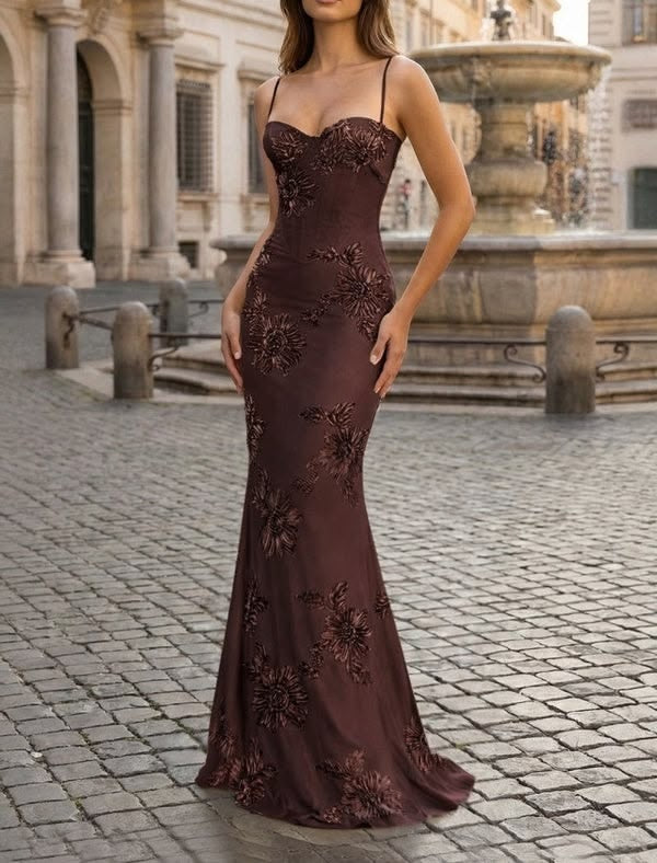 Elegant Spaghetti Strap Mermaid Floral Appliqué Prom Gown DP8178