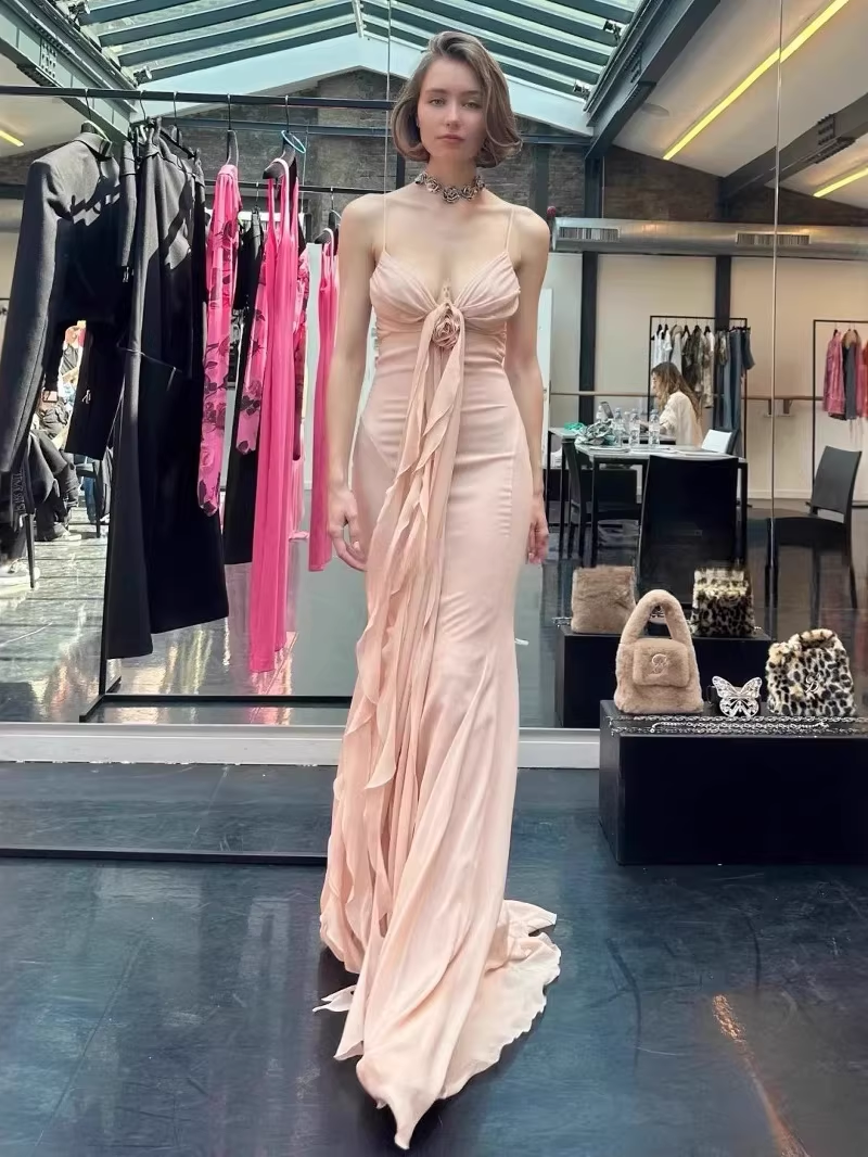 Ethereal Pink Spaghetti Strap Ruffled 3D Floral Prom Dress DP7953