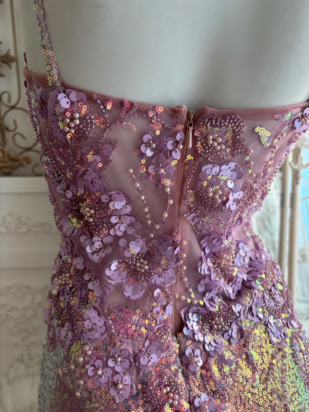 Sparkly Iridescent Pink Sequin Mermaid Evening Gown Floral Applique & Slit Prom Dress DP8298