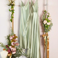Dreamy Sage Satin Cowl Neck Spaghetti Strap Evening Dress Prom Dress with High Slit DP8139