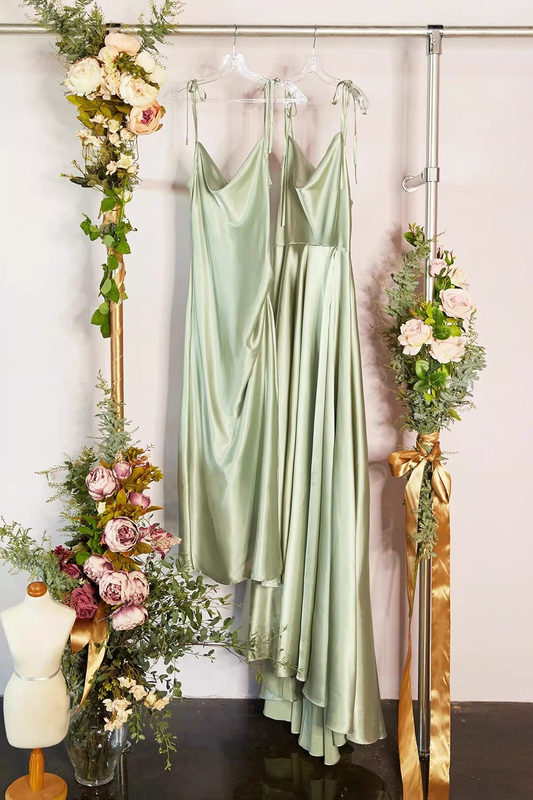 Dreamy Sage Satin Cowl Neck Spaghetti Strap Evening Dress Prom Dress with High Slit DP8139