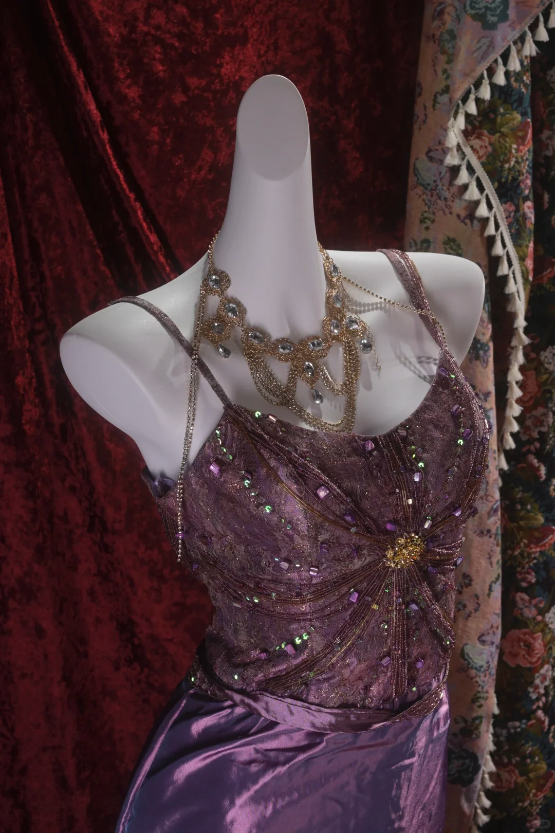 Vintage Purple Beaded Mermaid Evening Gown Tiered Ruffle Lace Prom Dress DP8342