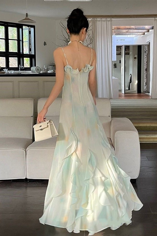 Vintage Mint Green Ombre Chiffon Maxi Prom Dress Ruffled Sweetheart Evening Gown DP8279