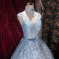 Elegant Blue Floral Lace Sleeveless V-Neck Ball Gown DP8351