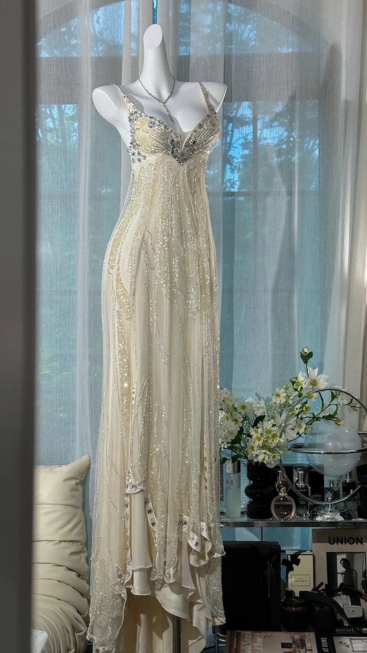 Gorgeous Shiny Beige Beaded Sequin Spaghetti Strap Design Chiffon Prom Dress Evening Dress DP6238