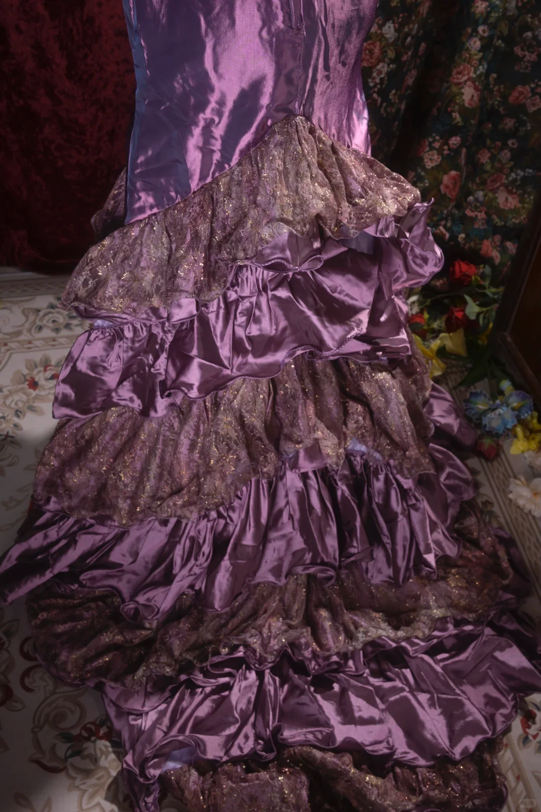 Vintage Purple Beaded Mermaid Evening Gown Tiered Ruffle Lace Prom Dress DP8342