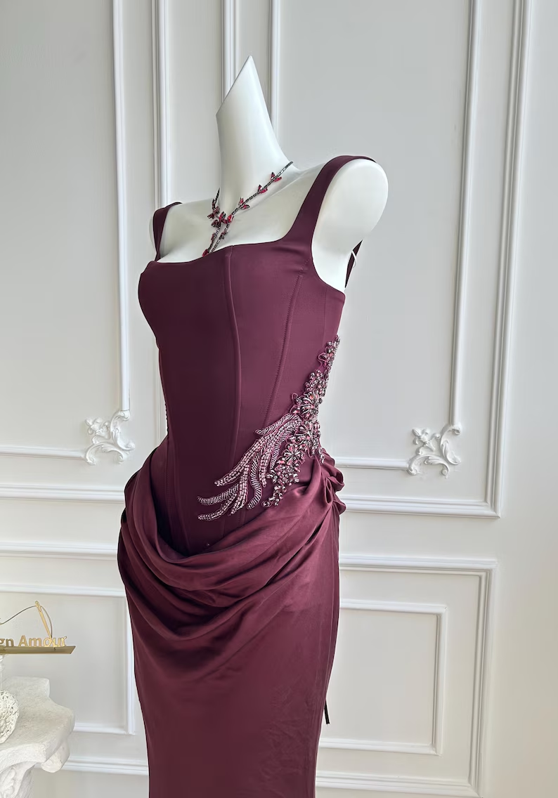 Elegant Burgundy Square Neck Corset Mermaid Beaded Evening Gown DP8399