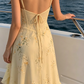 Elegant Pale Yellow Spaghetti Strap Embroidery Ruffle Evening Gown DP8472