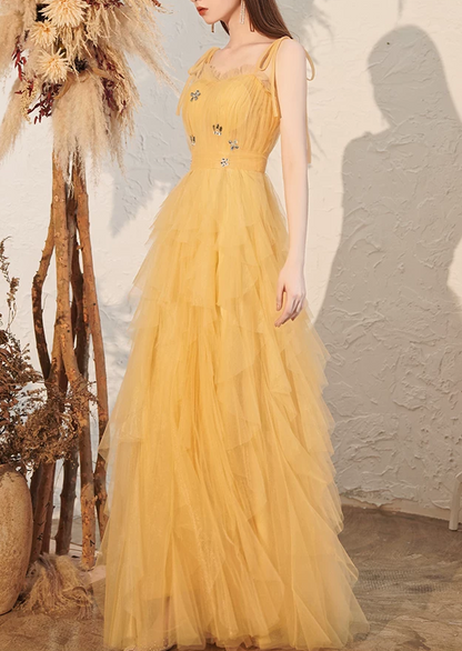 Elegant Yellow Spaghetti Straps Tiered Tulle A-Line Long Prom Dress DP8826