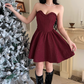 Vintage Burgundy Sweetheart Strapless A-Line Sleeveless Short Summer Dresses Party Dress Homecoming Dress DP6395