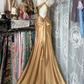 Vintage Gold Satin Halter-Neck Mermaid Evening Gown Open Back Prom Dress DP8331