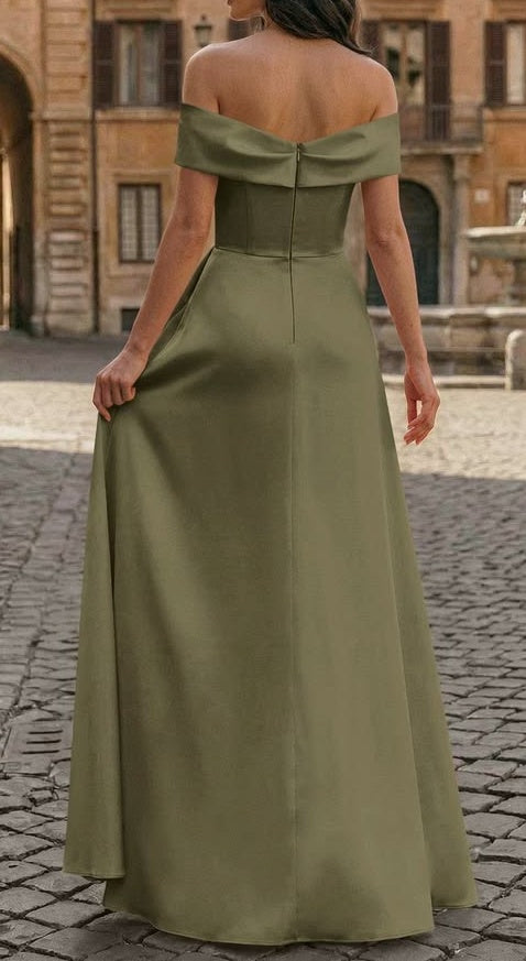 Elegant Olive Green Off-the-Shoulder A-Line Ruffle Evening Dress DP8531