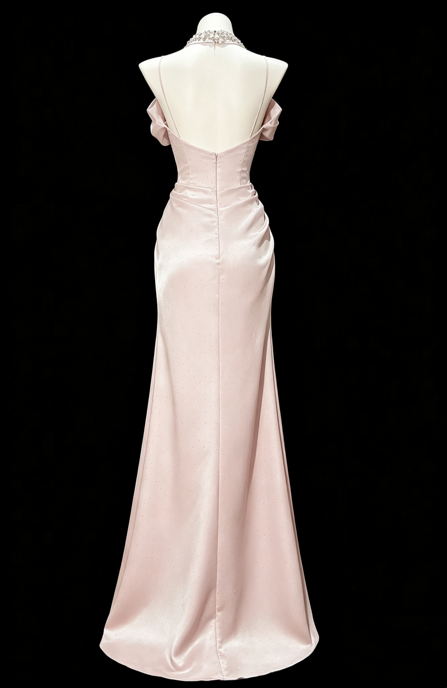 Elegant Pink Satin Mermaid Off-the-Shoulder Beaded Evening Gown DP8772