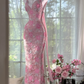 Vintage Pink Lace Applique V-neck Mermaid Prom Dress Evening Dress DP6359