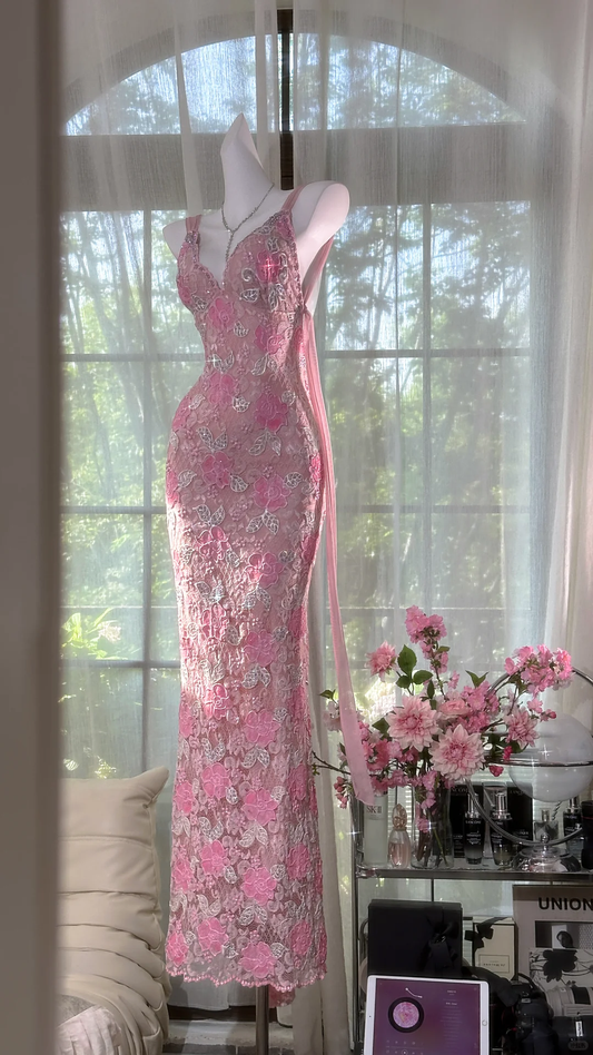Vintage Pink Lace Applique V-neck Mermaid Prom Dress Evening Dress DP6359