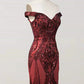 Robe de bal vintage bordeaux à épaules dénudées, style sirène, robe de soirée longue sans bretelles et perles DP6712