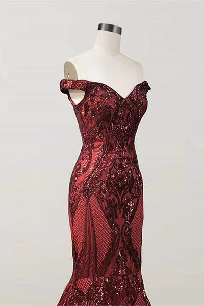 Robe de bal vintage bordeaux à épaules dénudées, style sirène, robe de soirée longue sans bretelles et perles DP6712
