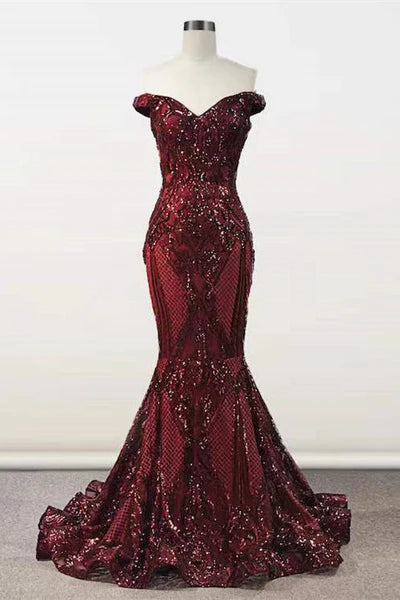 Robe de bal vintage bordeaux à épaules dénudées, style sirène, robe de soirée longue sans bretelles et perles DP6712