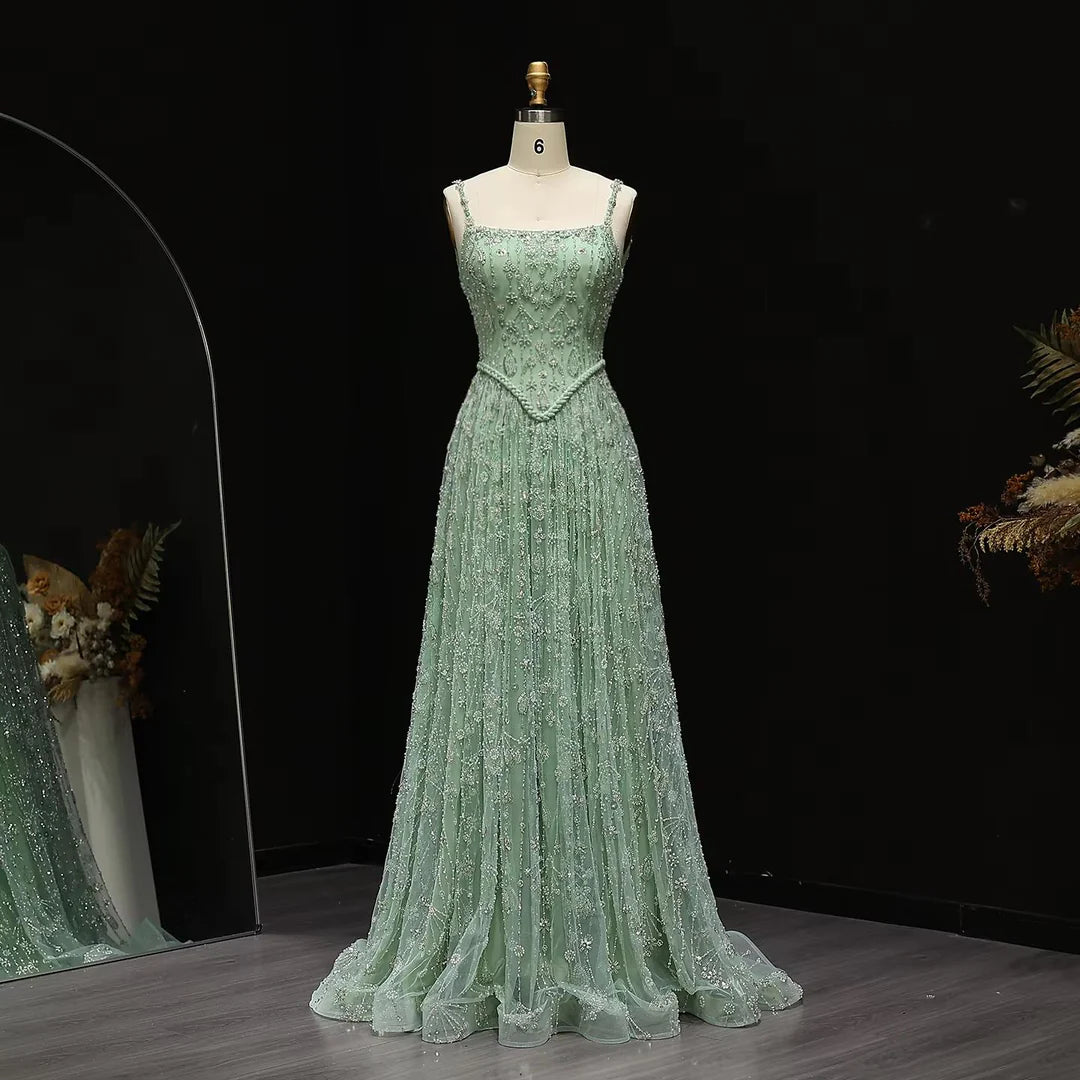 Vintage Square Neck Tulle Evening Gown Sparkling Beaded Embroidery Prom Dress DP8280