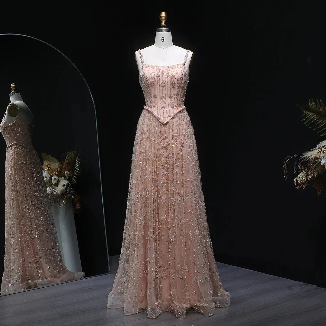Vintage Square Neck Tulle Evening Gown Sparkling Beaded Embroidery Prom Dress DP8280