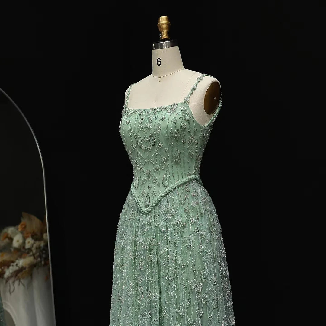 Vintage Square Neck Tulle Evening Gown Sparkling Beaded Embroidery Prom Dress DP8280