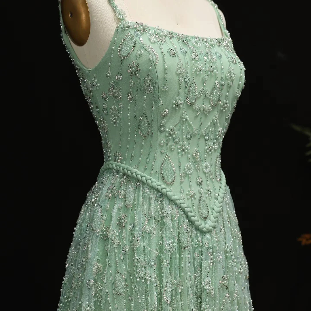 Vintage Square Neck Tulle Evening Gown Sparkling Beaded Embroidery Prom Dress DP8280