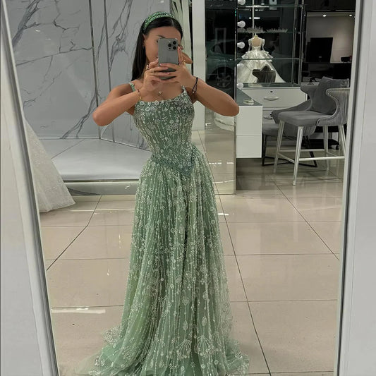 Vintage Square Neck Tulle Evening Gown Sparkling Beaded Embroidery Prom Dress DP8280
