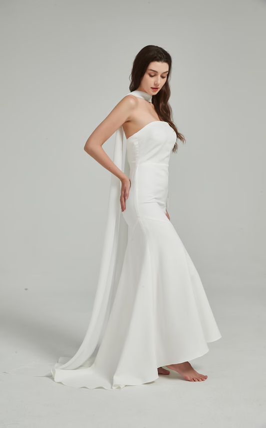 Elegant Cream Ivory Strapless Satin Mermaid Flowing Neck Bow Sash Wedding Dress DP8397