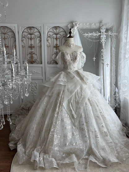 Luxury Off-the-Shoulder Sweetheart Ball Gown Wedding Dress Glitter Tulle Beaded Lace Tiered Bridal Gown with Train DP8136