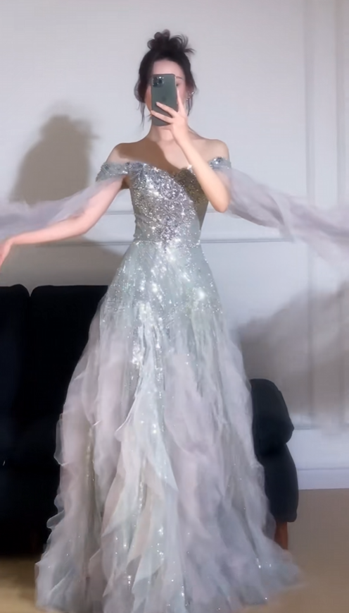 Vintage Silver Sequined Off-Shoulder Prom Dress Romantic A-Line Tulle Evening Gown DP7125