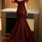 Elegant Burgundy Glitter Off-the-Shoulder Ruffle Tulle Mermaid Tiered Tulle Evening Gown DP8574