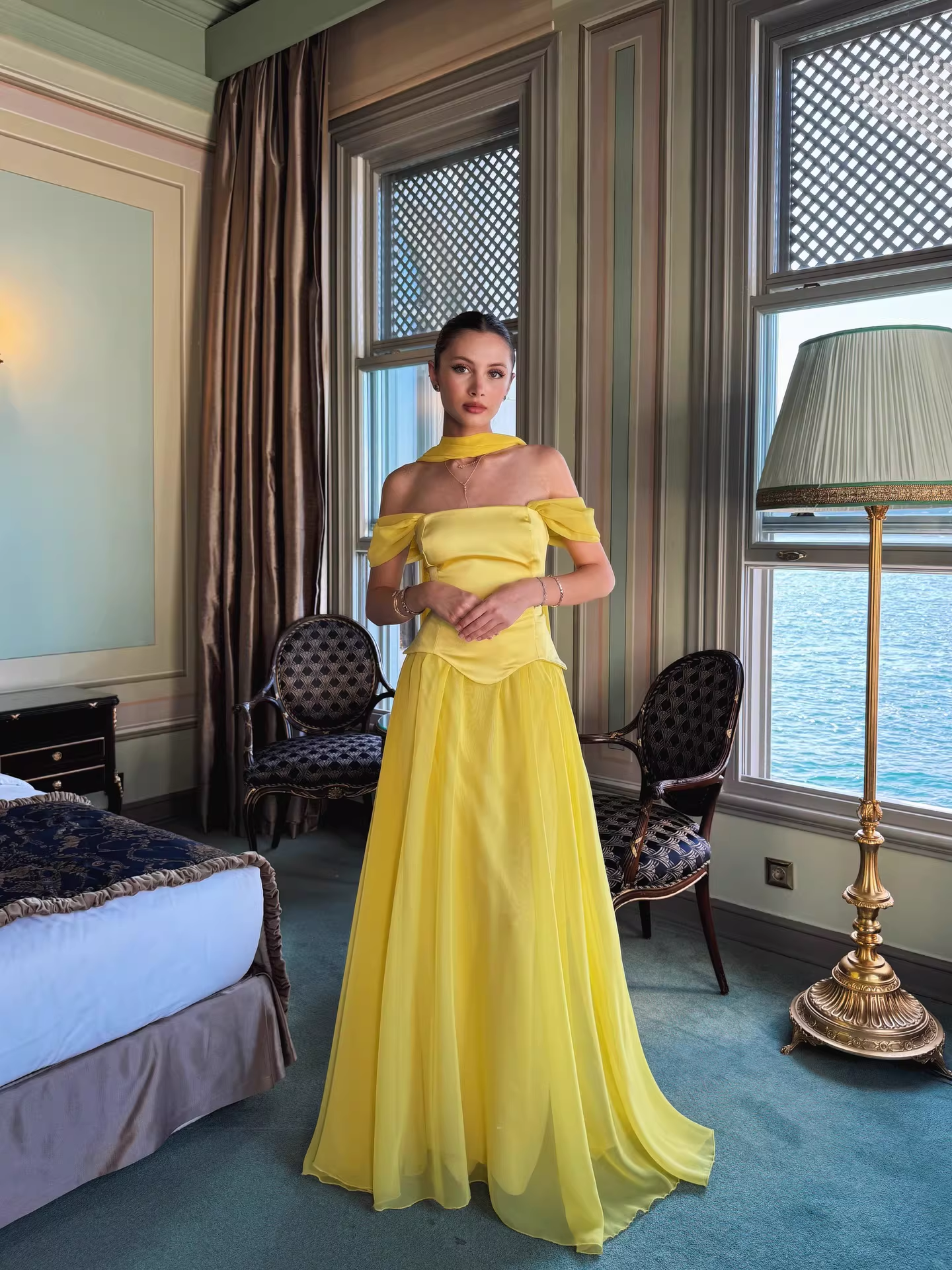Vintage Off-the-Shoulder Satin & Chiffon Prom Dress Draped Neck Scarf Evening Gown DP8144