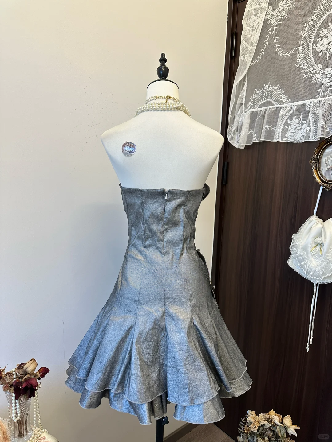 Chic Silver Strapless A-Line Floral Appliques Ruffled Homecoming Dress Party Dress Cocktail Dress DP7104