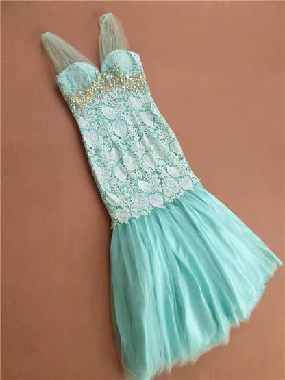 Glamorous Mint Green Mermaid Cocktail Dress Lace Bodice Tulle Ruffle Prom Dress DP7611
