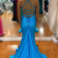 Elegant Blue V Neck Prom Dress With Split,Blue Formal Dress,DP0101