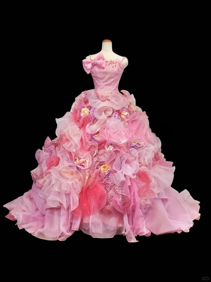 Glamorous Pink Ombre Tulle 3D Floral Applique Bow Fairycore Inspired Sweet 16 Quinceanera Ball Gown DP7272