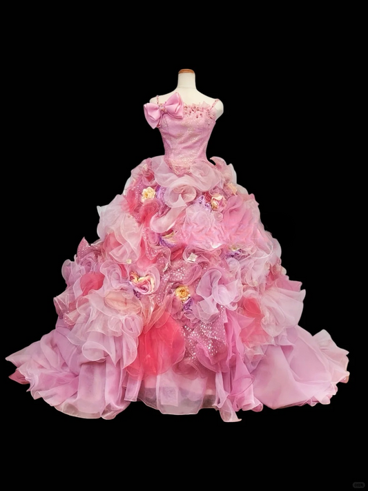 Glamorous Pink Ombre Tulle 3D Floral Applique Bow Fairycore Inspired Sweet 16 Quinceanera Ball Gown DP7272